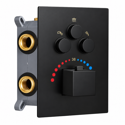 3-Way Thermostatic Diverter with Push Buttons | Brass Made | Temperature & Flow Control Valve with Matt Black Finish | For Showers, Bathtubs, Hand Showers