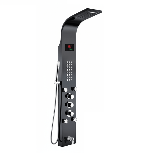 5-in-1 Wall-Mounted Black Shower Panel Set | Heavy-Duty SS304 Body with Overhead Shower, Hand Shower, Body Jet, Spout, Hot & Cold Water Flow Control & Temperature Display