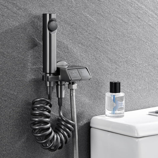 Piano 2 in 1 Angle Valve & Health Faucet Set | Brass Jet Spray with 1m SS Hose, & Hook in Gun Grey Finish & Electro Coating | Wall-Mounted Hand Spray