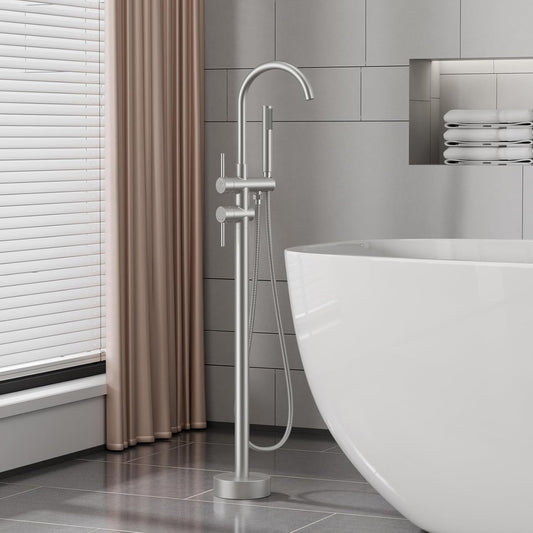 Freestanding Floor-Mounted Bath Tub Filler with Hand Shower - Electro-Coated, Chrome Finish, Pure Brass Made, Hot & Cold Water Control
