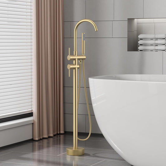 Freestanding Floor-Mounted Bath Tub Filler with Hand Shower - Electro-Coated, Gold Finish, Pure Brass Made, Hot & Cold Water Control