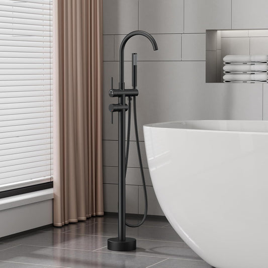 Freestanding Floor-Mounted Bath Tub Filler with Hand Shower - Powder Coated, Matte Black Finish, Pure Brass Made, Hot & Cold Water Control