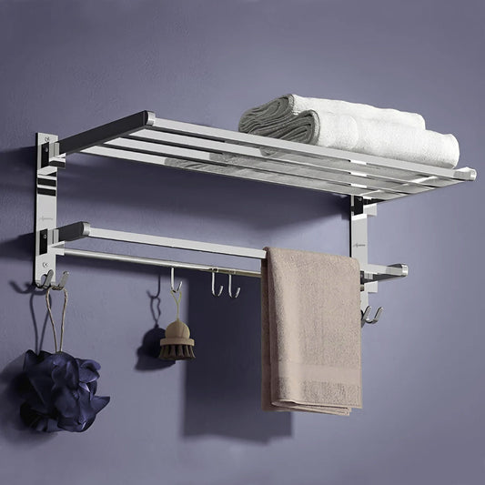 24-Inch Folding Towel Rack - Chrome Finish, Wall-Mounted, Foldable Stainless Steel with Hanging Rod