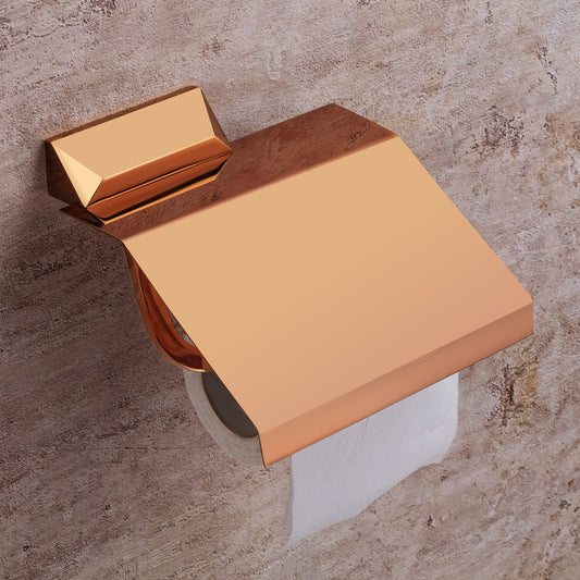 Toilet Paper Holder with Flap Rose Gold Finish, Brass Made, Wall-Mounted for Bathroom Use - Zura Series