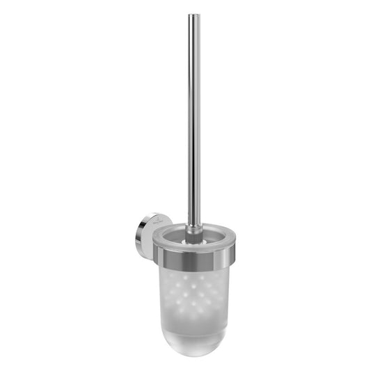 Wall-Mounted Toilet Brush Holder - Brass Body with Chrome Finish and Frosted Glass Stand