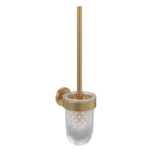 Wall-Mounted Toilet Brush Holder - Brass Body with Gold Finish and Frosted Glass Stand