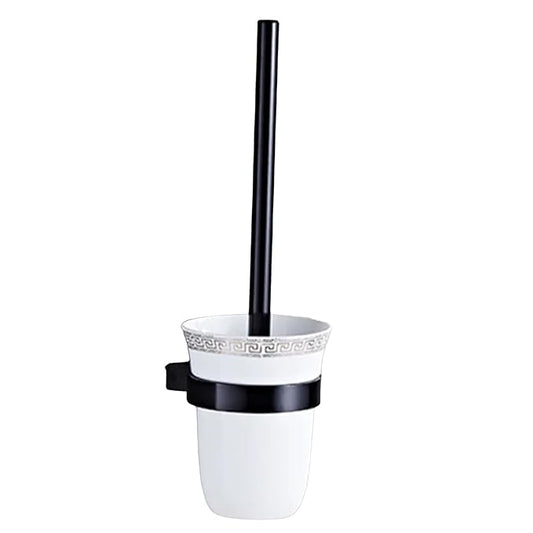 Wall-Mounted Toilet Brush Holder - Brass Body with Ceramic Black Finish and Frosted Glass Stand
