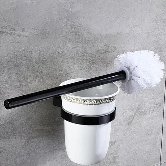 Wall-Mounted Toilet Brush Holder - Brass Body with Ceramic Black Finish and Frosted Glass Stand
