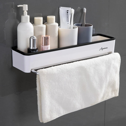 16x4-Inch Wall-Mounted Shelf with Towel Holder | ABS Rack in White & Black | Space-Saving Bathroom, Kitchen & Living Room Organizer
