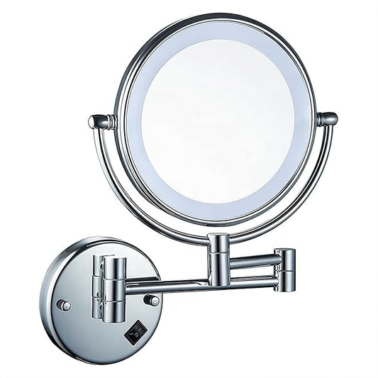 Double-Sided Shaving & Makeup Mirror With LED | Magnified & Normal View | Adjustable Sturdy Arm & Wall-Mounted Setting | Heavy-Duty Brass Body with Chrome Finish & Round Shape