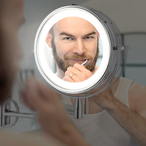Double-Sided Shaving & Makeup Mirror With LED | Magnified & Normal View | Adjustable Sturdy Arm | Brass Body with Chrome Finish & Round Shape