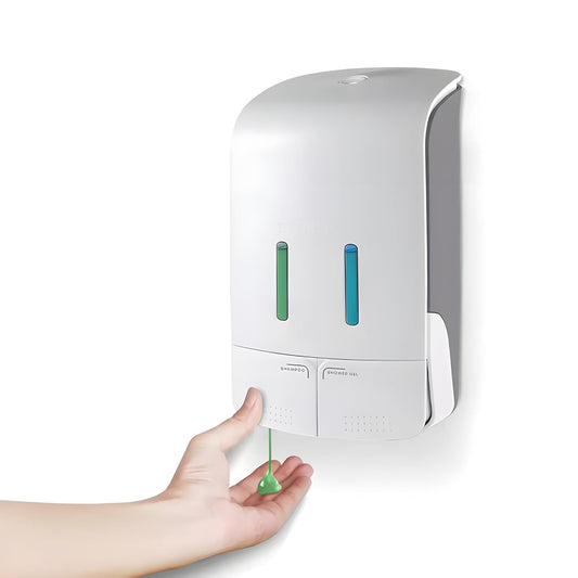 1100ml Dual-Chamber Wall Soap Dispenser - White Plastic, Refillable for Shower Gel & Shampoo