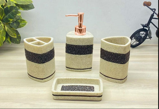 4-Piece Beige Poly Resin Bathroom Accessories Set - Soap Dispenser, Toothbrush Holder, Tumbler & Soap Dish