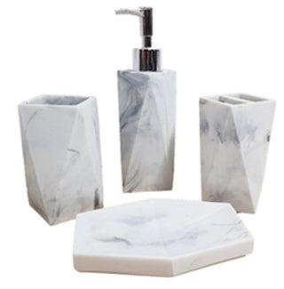 4-Piece Hexagon Marble White Bathroom Set - Soap Dispenser, Toothbrush Holder, Tumbler & Soap Dish