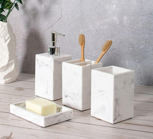4-Piece Textured Marble White Bathroom Accessories Set - Soap Dispenser, Toothbrush Holder, Tumbler & Soap Dish