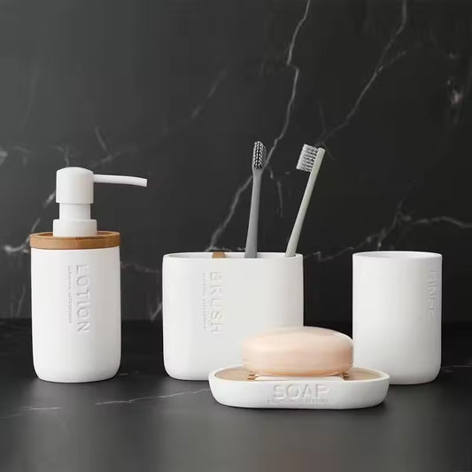 4-Piece Natural White Poly Resin Bathroom Accessories Set - Soap Dispenser, Toothbrush Holder, Tumbler & Soap Dish