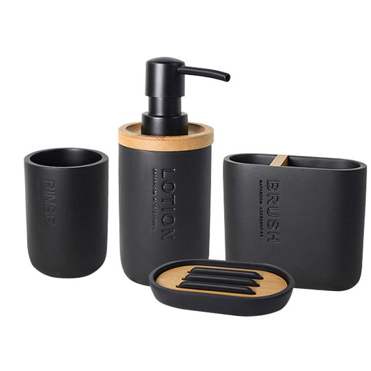 4-Piece Natural Black Poly Resin Bathroom Accessories Set - Soap Dispenser, Toothbrush Holder, Tumbler & Soap Dish