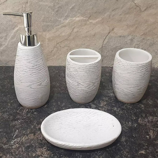 4-Piece White Wood Finish Bathroom Set - Soap Dispenser, Toothbrush Holder, Tumbler & Soap Dish