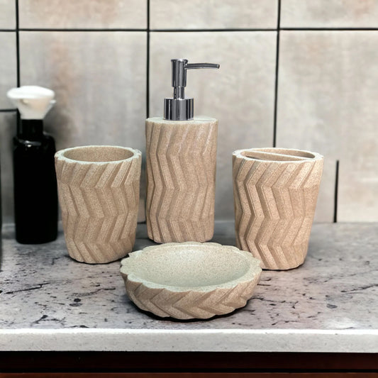 4-Piece Wave Beige Poly Resin Bathroom Accessories Set - Soap Dispenser, Toothbrush Holder, Tumbler & Soap Dish