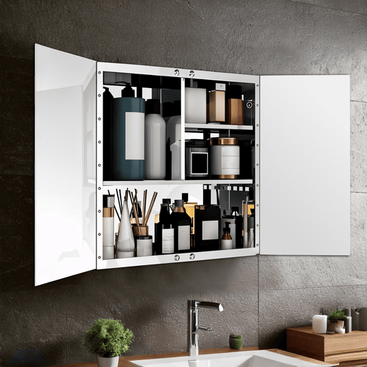 18x18 Inch Double Door Mirror Cabinet for Bathroom | Wall-Mounted Stainless Steel Storage with Shelves