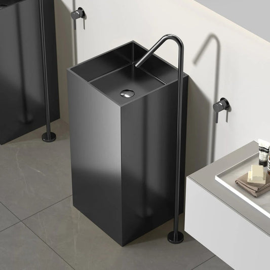 Square Glossy Black SS304 Freestanding Wash Basin Floor-Mounted Sink 400x400x830 mm - Luxury Modern Bathroom Basin for Home & Commercial Use