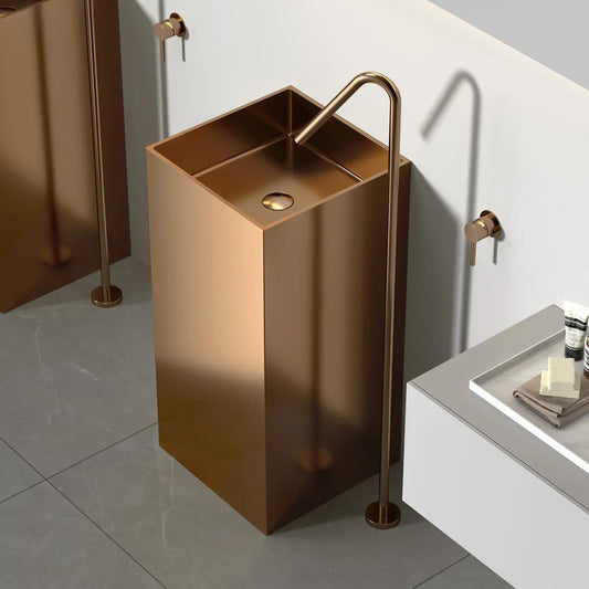 Square Rose Gold SS304 Freestanding Wash Basin Floor-Mounted Sink 400x400x830 mm - Luxury Modern Bathroom Basin for Homes & Hotels