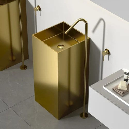Square Gold SS304 Freestanding Wash Basin Floor-Mounted Sink 400x400x830 mm - Luxury Bathroom Basin for Home, Hotel & Commercial Spaces
