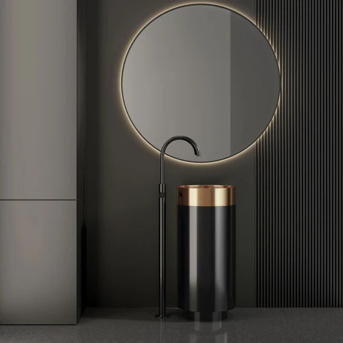Round Black & Rose Gold SS304 Freestanding Wash Basin Floor-Mounted Designer Sink 380x380x830 mm - Luxury Bathroom Basin for Homes & Commercial Use