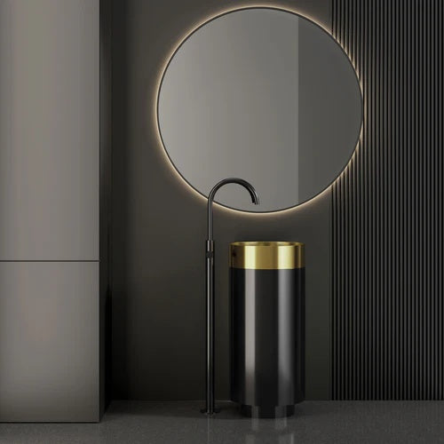 Round Black & Gold SS304 Freestanding Wash Basin Floor-Mounted Designer Sink 380x380x830 mm - Luxury Bathroom Basin for Home & Commercial Spaces