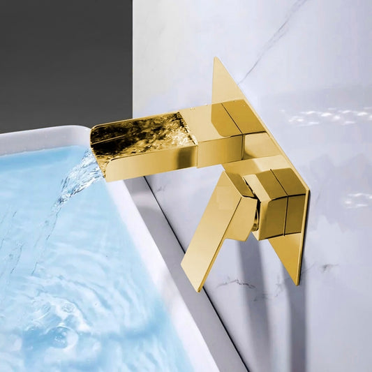Wall Mounted Waterfall Basin Mixer Tap in Gold Finish | Heavy-Duty Brass Made | Hot & Cold Water Tap | Waterfall Style
