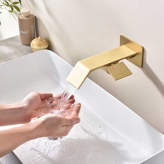 Wall-Mounted Basin Mixer Tap in Brushed Gold Finish - Brass Hot & Cold Water Faucet