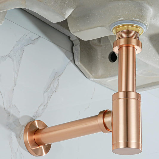 Zinc Alloy Bottle Trap with 300mm Pipe & Wall Flange | Rose Gold Finish Electro-Coated Wall-Mounted Drain Trap for Bathrooms & Kitchens
