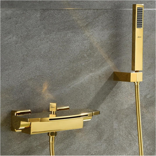 Bathtub Faucet - Wall-Mounted | Made of Brass | Electro Coated | Gold Finish | Hot & Cold Water Control - Waterfall Style