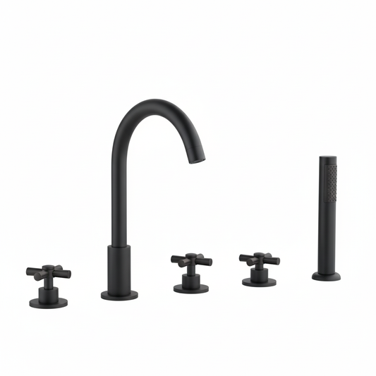 5-Hole Bathtub Faucet - Deck-Mounted | Made of Brass | Electro Coated | Black Finish | Hot & Cold Water Control
