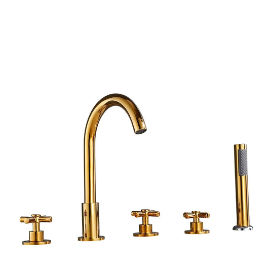 5-Hole Bathtub Faucet - Deck-Mounted | Made of Brass | Electro Coated | Gold Finish | Hot & Cold Water Control