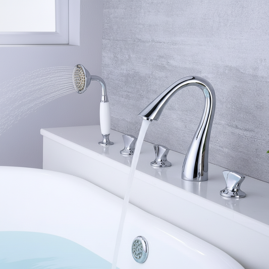 5-Hole Bathtub Faucet - Deck-Mounted | Made of Brass | Electro Coated | Chrome Finish | Hot & Cold Water Control