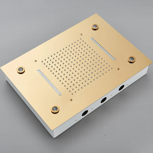 24x16" LED Ceiling Shower in Gold Finish - SS304 Concealed Showerhead with Remote & 3 Spray Modes (Rain, Mist, Waterfall)