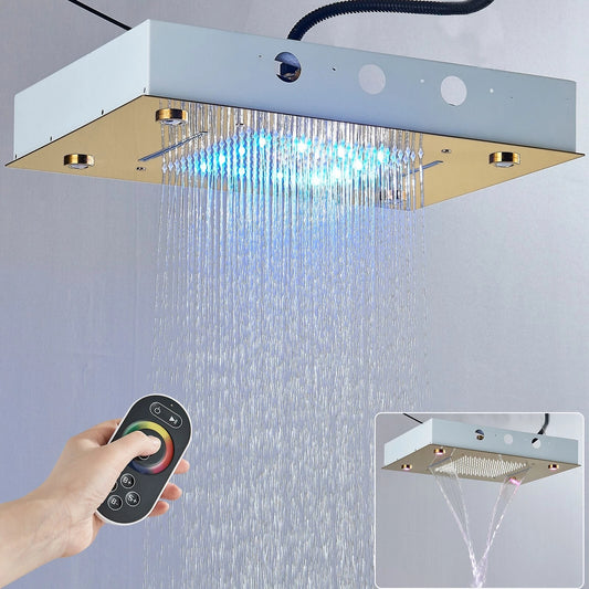 24x16" LED Ceiling Shower in Gold Finish - SS304 Concealed Showerhead with Remote & 3 Spray Modes (Rain, Mist, Waterfall)