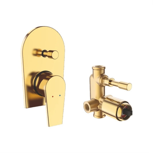 Single-Lever High-Flow Concealed Diverter with Exposed Part Kit | Heavy-Duty Brass Water Valve in Gold Finish & PVD Coating | From & Ideal for Showers, Bathtubs & Bathroom Setups