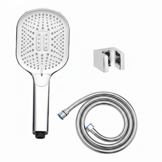 Aquieen Hand Shower, Flexible Tube & Wall Holder Set | ABS | White & Chrome