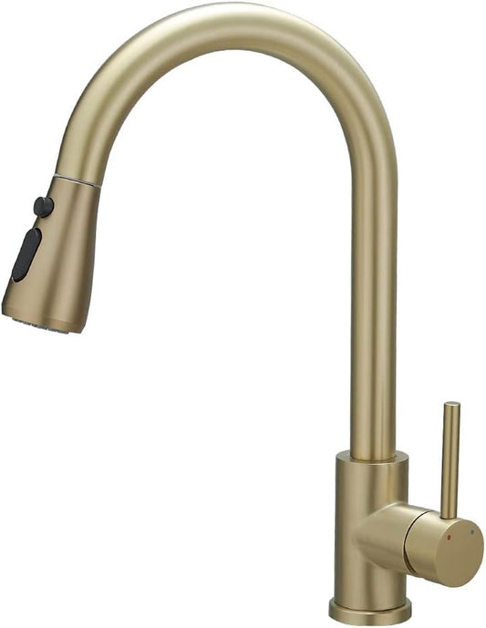 SS304 Kitchen Sink Mixer Faucet - Deck Mounted, Pull-Out Tap with Flexible Hose, Hot & Cold Control, Brushed Gold Finish
