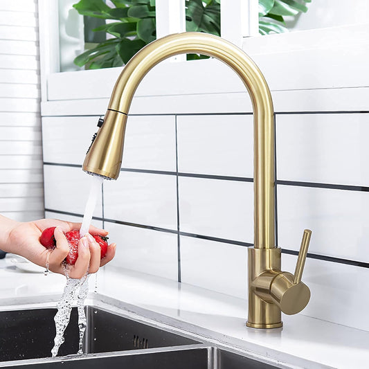 SS304 Kitchen Sink Mixer Faucet - Deck Mounted, Pull-Out Tap with Flexible Hose, Hot & Cold Control, Brushed Gold Finish