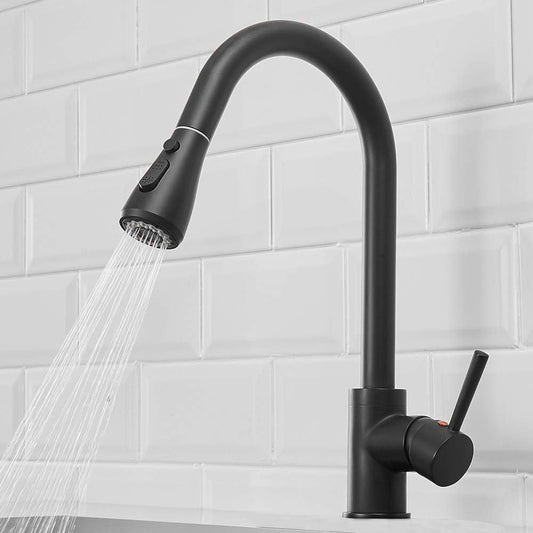 SS304 Kitchen Sink Mixer Faucet - Deck Mounted, Pull-Out Tap with Flexible Hose, Hot & Cold Waterflow, Matte Black Finish