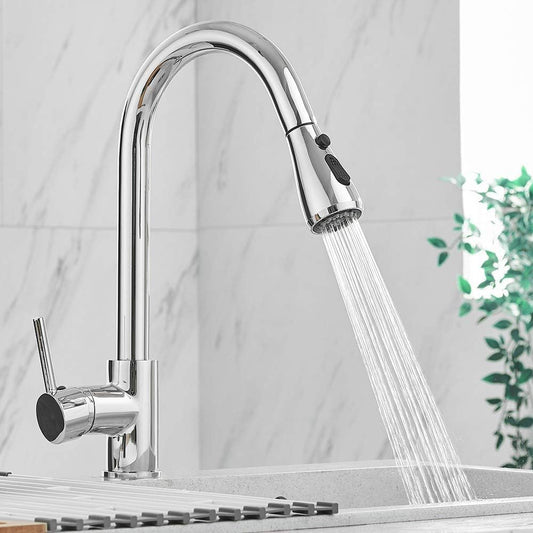 SS304 Kitchen Sink Mixer Faucet - Deck Mounted, Pull-Out Tap with Flexible Hose, Hot & Cold Waterflow, Brushed Silver Finish
