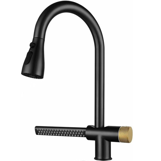 SS304 Kitchen Sink Mixer Faucet - Deck Mounted, Waterfall Tap with Pull-Out Hose, Hot & Cold Control, Vista Series, Black & Gold Finish