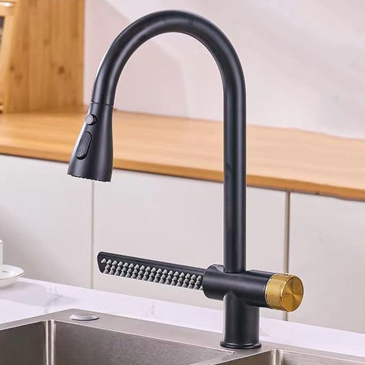 SS304 Kitchen Sink Mixer Faucet - Deck Mounted, Waterfall Tap with Pull-Out Hose, Hot & Cold Control, Vista Series, Black & Gold Finish