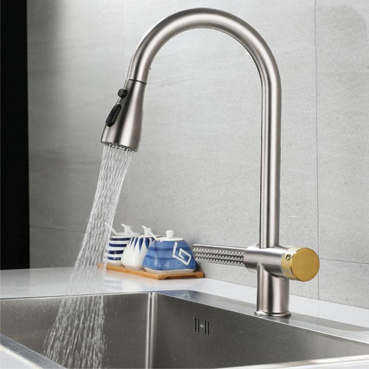 SS304 Kitchen Sink Mixer Faucet - Deck Mounted, Waterfall Tap with Pull-Out Hose, Hot & Cold Control, Vista Series, Chrome Finish