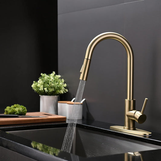 SS304 Kitchen Sink Mixer Faucet - Deck Mounted, Pull-Out Hose Tap, Hot & Cold Control, Brushed Steel Finish