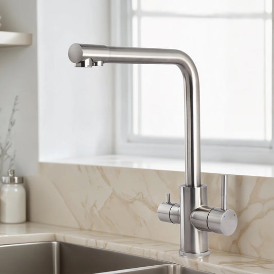 SS304 Kitchen Sink Mixer Faucet - Deck Mounted, Triple Inlet Tap with RO, Hot & Cold Control, Signature Series, Silver Finish