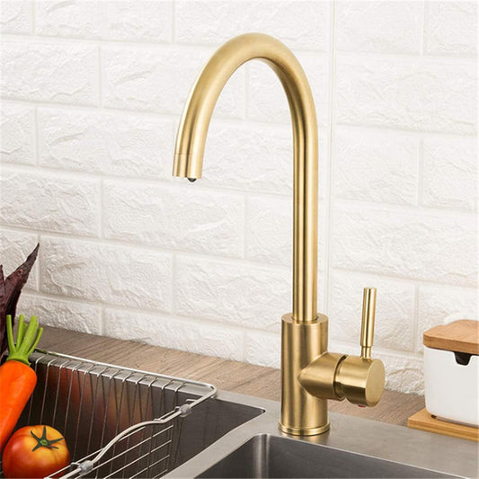 SS304 Kitchen Sink Mixer Faucet - Deck Mounted Tap, Hot & Cold Water Control, Fluid Series, Brushed Gold Finish